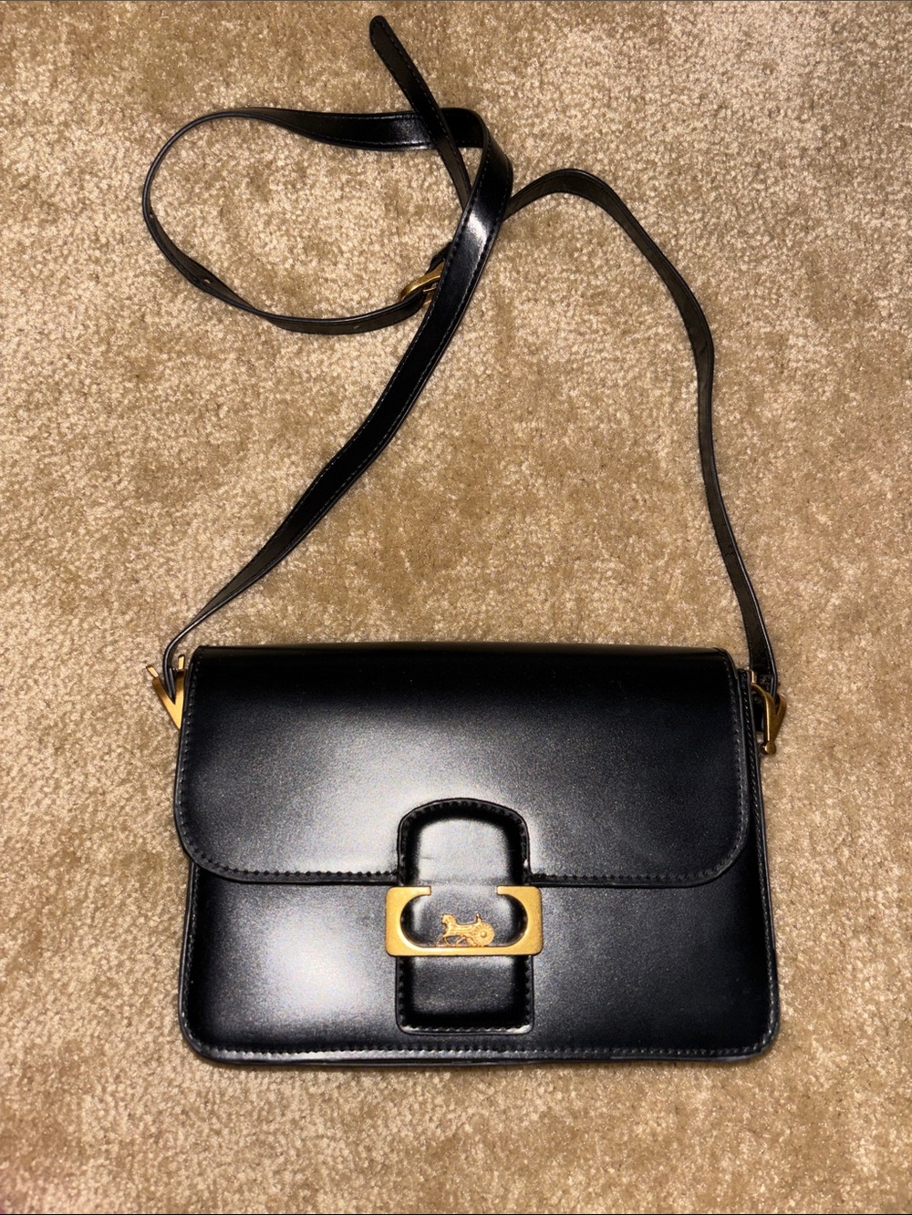 Black Leather Crossbody Shoulder Bag with Gold Accent